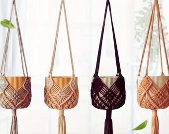 Boho Macrame Plant Hanger | Hand-Woven Cotton Rope Basket | Indoor Outdoor Planter Holder