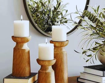 3 portavelas de madera • Decoración rústica de troncos • Centro de mesa para bodas