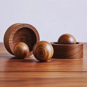 Puede incluir: Cuencos y esferas decorativas de madera. La imagen muestra tres cuencos de madera de diferentes tamaños y tres esferas de madera. La madera tiene un tono cálido y natural. Los cuencos son redondos y las esferas son lisas.