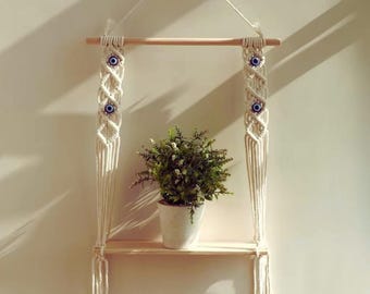 Evil Eye Macrame Shelf | Boho Hanging Wall Decor, Plant Swing Tray, Nordic Display.