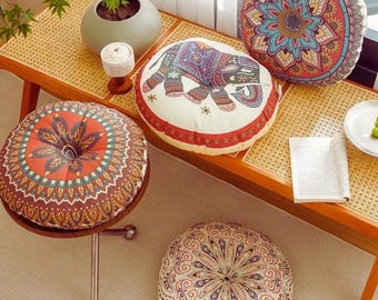 Boho Cotton Linen Round Chair Cushion • Geometric Floor Pillow • Meditation Yoga Seat Pad