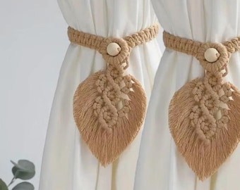 Prendedores de Cortina em Macramê | Presilhas com Franjas em Formato de Folha | Conjunto de Decoração de Janela Trançada Boho