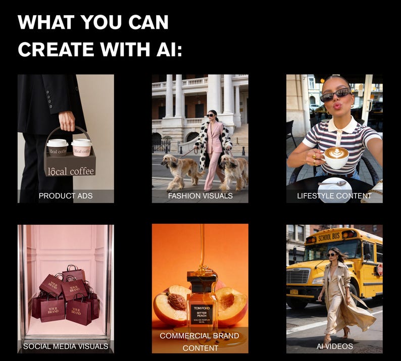 May include: An image with the text "WHAT YOU CAN CREATE WITH AI:" and examples of product ads, fashion visuals, lifestyle content, social media visuals, commercial brand content, and AI videos. The image includes a coffee carrier, shopping bags, and a perfume bottle.