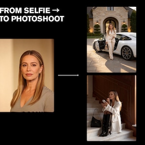 May include: Image showing a transformation from a selfie to a photoshoot. The image includes a woman in a striped top, a woman in a white suit near a white sports car, and a woman applying makeup on stairs. The text "FROM SELFIE TO PHOTOSHOOT" is at the top.