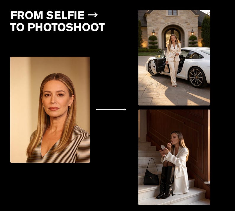 May include: Image showing a transformation from a selfie to a photoshoot. The image includes a woman in a striped top, a woman in a white suit near a white sports car, and a woman applying makeup on stairs. The text "FROM SELFIE TO PHOTOSHOOT" is at the top.