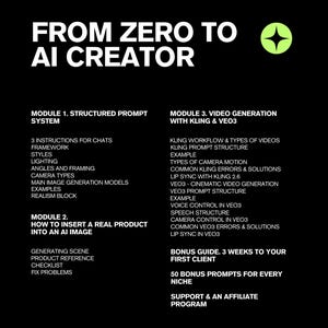 May include: Black graphic with white text: "FROM ZERO TO AI CREATOR." Outlines modules on structured prompts, inserting products into AI images, and video generation. Includes bonus guides and support information.