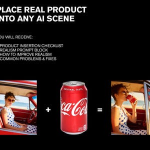 May include: A red Coca-Cola can with white script and a silver top. The can is 12 fl oz. The image also includes a woman in a polka dot dress in a car, and the text "PLACE REAL PRODUCT INTO ANY AI SCENE".
