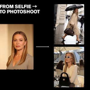May include: Image showing a woman's transformation from a selfie to a photoshoot. The left side features a portrait of a woman in a striped top. The right side shows two photos: one of a woman in a beige coat and the other of a woman in a white dress.