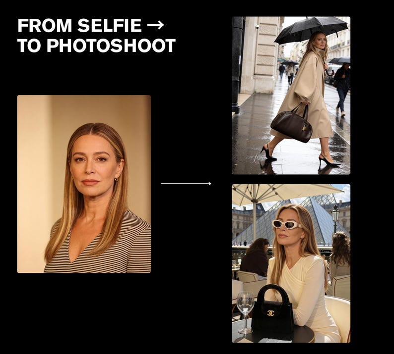 May include: Image showing a woman's transformation from a selfie to a photoshoot. The left side features a portrait of a woman in a striped top. The right side shows two photos: one of a woman in a beige coat and the other of a woman in a white dress.