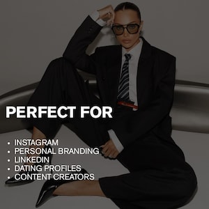 May include: A person wearing a black suit, white shirt, and striped tie, with the text "PERFECT FOR" and a list of social media platforms. The person is wearing black-framed glasses and black heels.