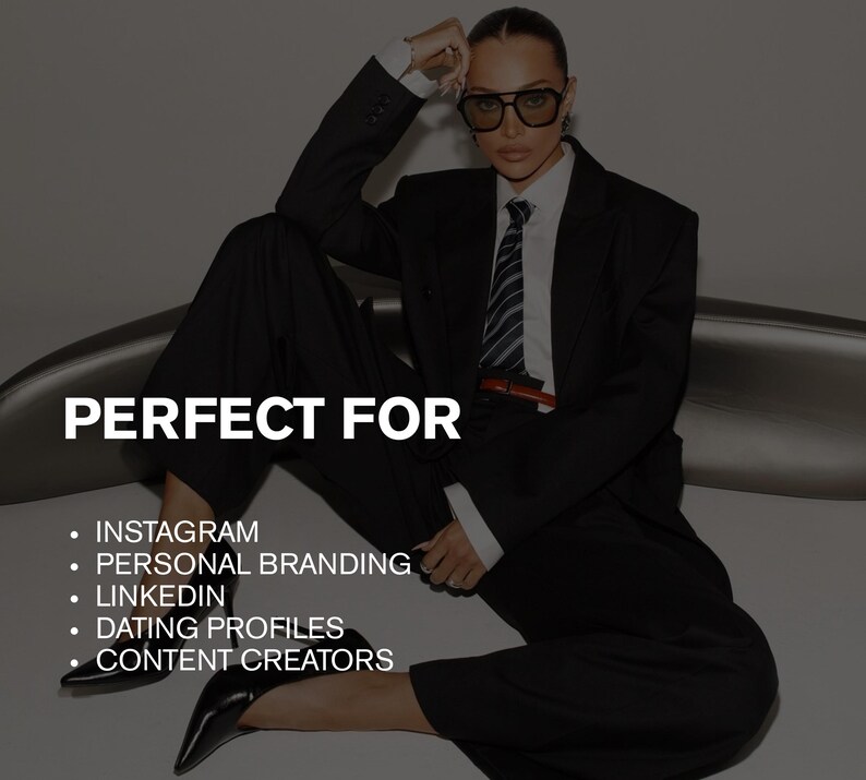 May include: A person wearing a black suit, white shirt, and striped tie, with the text "PERFECT FOR" and a list of social media platforms. The person is wearing black-framed glasses and black heels.