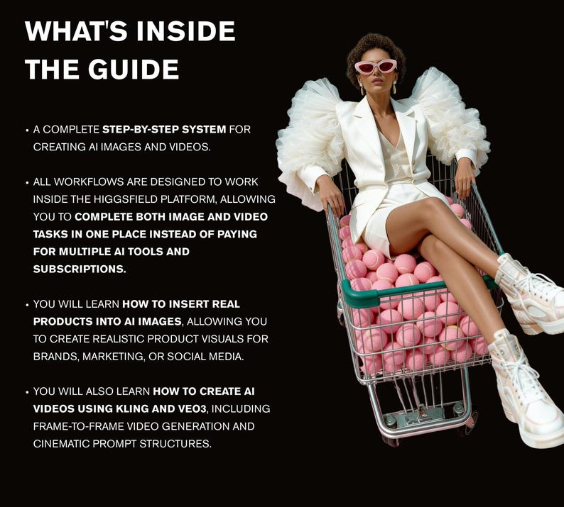 May include: A woman in a white suit and pink sunglasses sits in a shopping cart filled with pink balls. The text reads "WHAT'S INSIDE THE GUIDE" and lists steps for creating AI images and videos, including inserting real products.
