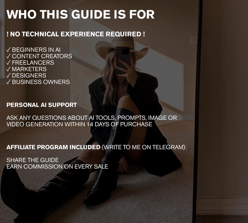 May include: Text on a white background reads "WHO THIS GUIDE IS FOR" and lists target audiences including beginners in AI, content creators, freelancers, marketers, designers, and business owners. Additional text details personal AI support and an affiliate program.