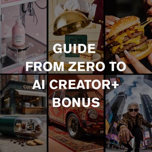 Op de afbeelding: Een collage van afbeeldingen met de tekst "GUIDE FROM ZERO TO AI CREATOR+ BONUS". De afbeeldingen omvatten een roze grijpmachine, een hamburger, een auto, een miniatuurcafé, een persoon en een dessert.