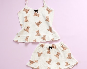 Girls Muslin Homewear Set – Teddy Print Top, Shorts, Headband Summer Outfit