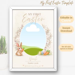 Pode incluir: Um modelo emoldurado com tema de Páscoa com o texto "My First Easter". Apresenta uma ilustração em aquarela de um coelhinho segurando uma cenoura, ovos de Páscoa e um campo. O modelo inclui o nome "Noah" e o ano "2026".