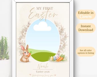 Plantilla para marco de fotos de mi primera Pascua, póster de hitos del bebé con conejito estilo boho (descarga digital)