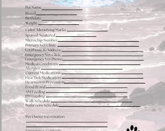 Pet Emergency Information Printable- Dog & Cat Emergency Info Sheet-Pet Care Record-Instant Digital Download