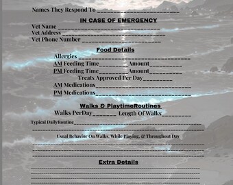 Dog Sitting Instructions Printable- Pet Sitter Information Sheet- Dog Care Planner- Instant Digital Download
