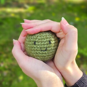 May include: A small, round, olive green crocheted sphere featuring a simple embroidered face with two black dots for eyes and a curved black line for a mouth. The textured yarn surface is crafted with visible stitches in a consistent pattern.