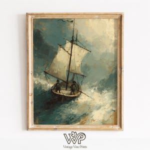 May include: An antique framed painting depicts a small sailboat navigating turbulent, teal-colored waters. Two figures stand in the boat, facing forward. The artwork features a cream-colored sail and a distressed, gold-toned wooden frame. The painting is signed "Vintage Vine Prints".