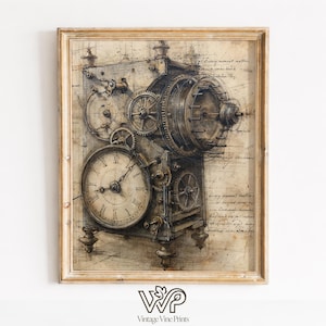 May include: Vintage-style framed print of a clock mechanism with gears and a clock face. The artwork has a sepia tone, with handwritten text and a detailed illustration of the clock's inner workings. The frame is a light gold color.