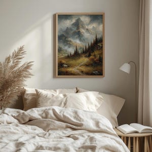 Moody Alpine Mountain Landscape - Dramatic Peak with Misty Valleys, Classic Vintage Painting, Printable Wall Decor, Digital Download 1888