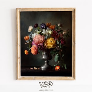 Moody Floral Still Life Painting - Vintage Peonies & Ranunculus Art, Baroque-Inspired Bouquet, Classic and Dramatic Digital Download 1862