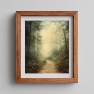 Puede incluir: Una impresión enmarcada de una escena de bosque brumoso. La obra presenta un camino que serpentea entre altos árboles, con una suave luz dorada que ilumina el centro. El marco es de madera.