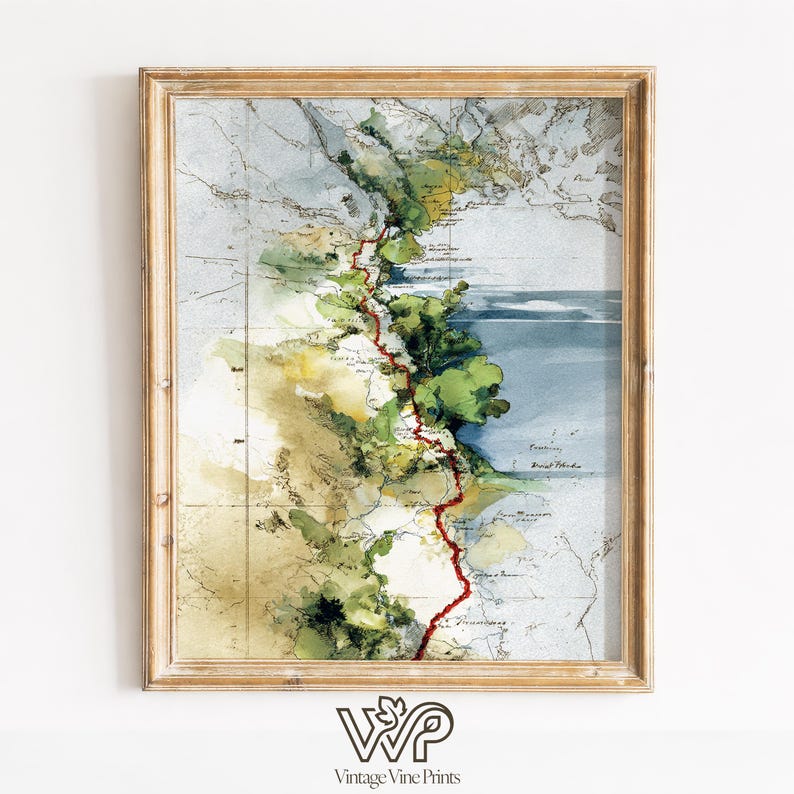 Coastal Route Map Watercolor Painting - Vintage Cartography Art, Moody ...