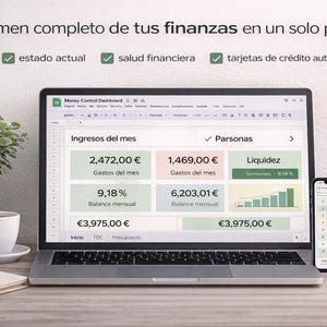 Può includere: Un laptop e uno smartphone mostrano un dashboard finanziario con grafici e cifre. Lo schermo mostra dati su entrate, spese e saldo in euro. Una tazza di caffè, un blocco note e una penna sono sulla scrivania.