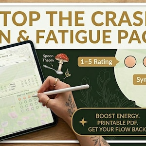 Könnte beinhalten: Digitaler Wellness-Planer mit dem Text "STOP THE CRASH! PAIN & FATIGUE PACING." Der Planer enthält ein Bewertungssystem und Symptom-Tracking. Das Bild enthält auch den Text "BOOST ENERGY. DRUCKBARE PDF. BRINGEN SIE IHREN FLOW ZURÜCK."