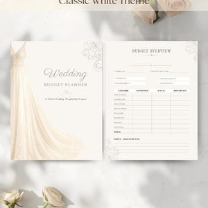 May include: A wedding budget planner with a classic white theme. The cover features a wedding dress illustration and the title "Wedding Budget Planner". The interior pages include a budget overview with sections for estimated and actual costs.
