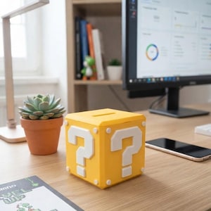 May include: A yellow cube-shaped coin bank featuring a white question mark on each visible side, with small white circular accents at the corners. The top surface has a rectangular slot for inserting coins, and the object is made of a matte material.