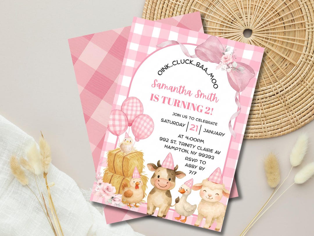 Pink Farm Animals Birthday Invitation Template, Oink Cluck Baa Moo ...