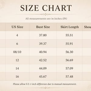 Op de afbeelding: Een beige maattabel met de kop SIZE CHART en de tekst All measurements are in inches (IN). De tabel toont de maten S tot en met XXXL met bijbehorende Amerikaanse maten, borstomvang, rok lengte en schouderbreedte in inches.
