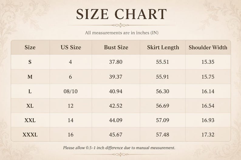 Op de afbeelding: Een beige maattabel met de kop SIZE CHART en de tekst All measurements are in inches (IN). De tabel toont de maten S tot en met XXXL met bijbehorende Amerikaanse maten, borstomvang, rok lengte en schouderbreedte in inches.