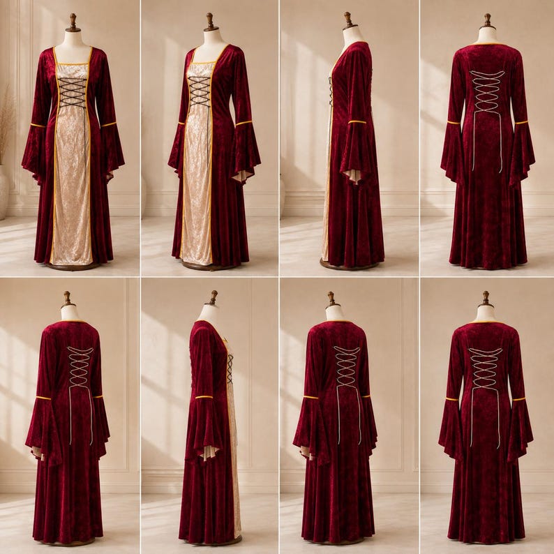 Op de afbeelding: Een vloerlange bordeauxrode fluwelen jurk met lange klokmouwen met gele bies, een vierkante halslijn en een cr&egrave;mekleurig voorpand. Het lijfje heeft een zwart veterdetail aan de voorzijde en een wit veterontwerp op de achterzijde.