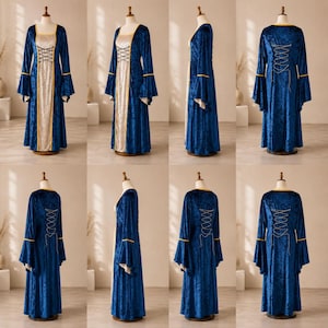 Op de afbeelding: Een vloerlange jurk van diepblauw gekreukt fluweel met lange uitlopende mouwen en een contrasterend cr&egrave;mekleurig voorpand. Het lijfje is voorzien van een vetersluiting, terwijl de achterkant ook een bijpassende vetersluiting heeft.