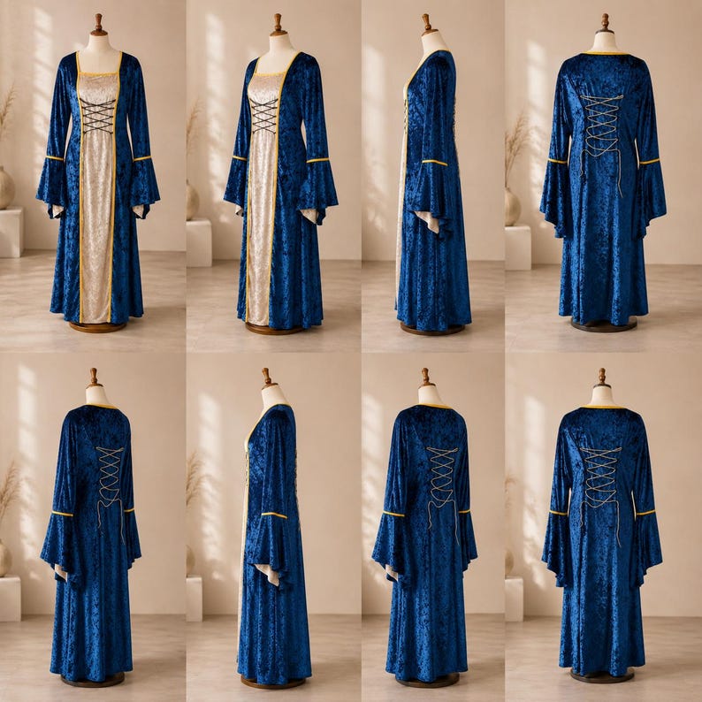 Op de afbeelding: Een vloerlange jurk van diepblauw gekreukt fluweel met lange uitlopende mouwen en een contrasterend cr&egrave;mekleurig voorpand. Het lijfje is voorzien van een vetersluiting, terwijl de achterkant ook een bijpassende vetersluiting heeft.