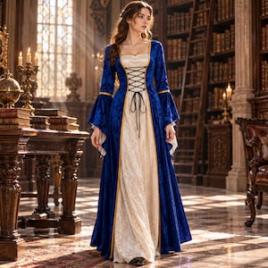 Op de afbeelding: Een vloerlange jurk met een lijfje en mouwen van diepblauw fluweel en een cr&egrave;mekleurig middenpaneel. Het kledingstuk heeft een vierkante halslijn, gouden biezen en een zwart korsetdetail met veters aan de voorzijde en lange, uitlopende mouwen.