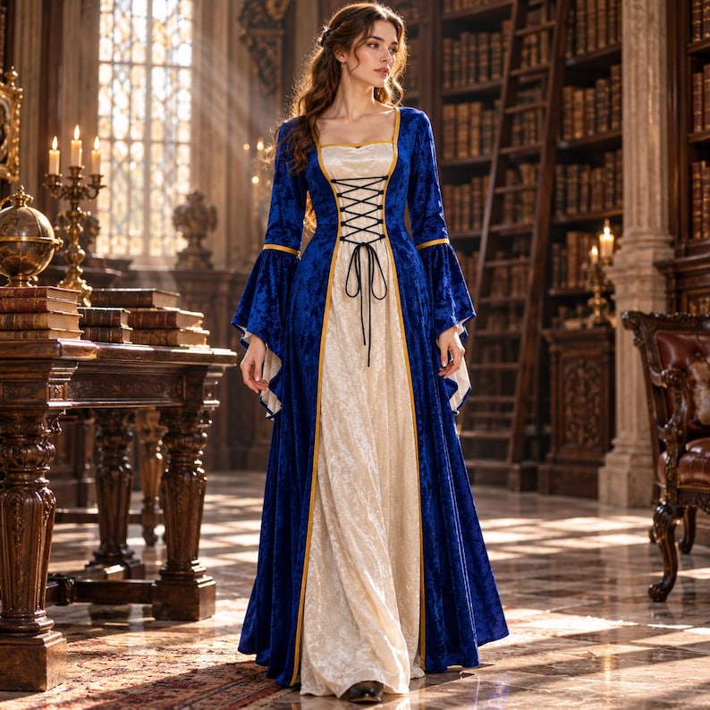 Op de afbeelding: Een vloerlange jurk met een lijfje en mouwen van diepblauw fluweel en een cr&egrave;mekleurig middenpaneel. Het kledingstuk heeft een vierkante halslijn, gouden biezen en een zwart korsetdetail met veters aan de voorzijde en lange, uitlopende mouwen.