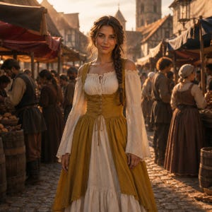 Puede incluir: Un vestido con corpiño y mangas largas de color crema, combinado con una sobrevesta estilo corsé en color amarillo mostaza. La prenda presenta un detalle de cordones en la parte delantera, mangas caídas y una falda larga con textura.