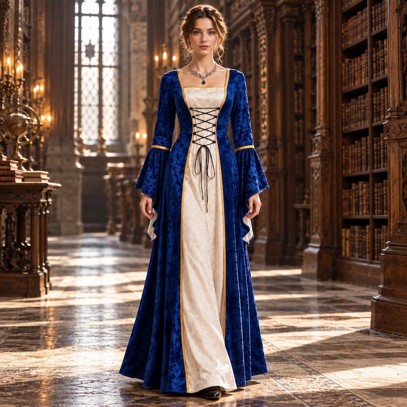 Op de afbeelding: Een vloerlange jurk met een lijfje en mouwen van diepblauw fluweel en een cr&egrave;mekleurig middenpaneel. Het kledingstuk is voorzien van een zwart veterdetail aan de voorzijde, lange uitlopende mouwen en gouden biezen langs de verticale naden.