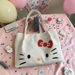 Hello Kitty Canvas Tote Bag, Söt Sanrio Axelväska, Kawaii Estetisk Tote