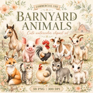 Watercolor Barnyard Animals Clipart, Farm Animals PNG Bundle, Neutral Palette (Digital Download)