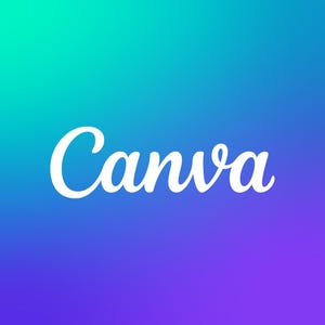 May include: The Canva logo, in a white, cursive font, is centered on a gradient background that transitions from teal to blue to purple. The design is simple and modern.