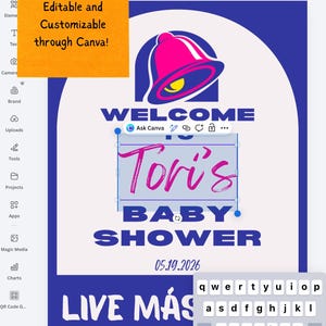 May include: Digital baby shower invitation template with a pink and yellow bell logo. The invitation reads "Welcome to Tori's Baby Shower" with the date 05.19.2026. The text "Live M&aacute;s" is also included.