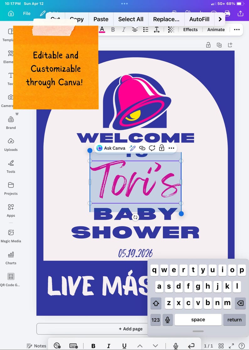May include: Digital baby shower invitation template with a pink and yellow bell logo. The invitation reads "Welcome to Tori's Baby Shower" with the date 05.19.2026. The text "Live M&aacute;s" is also included.