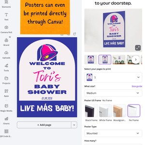 May include: A digital poster design for a baby shower, featuring a blue and white background with a pink bell logo. The text reads "Welcome to Tori's Baby Shower" and "Live M&aacute;s Baby!"